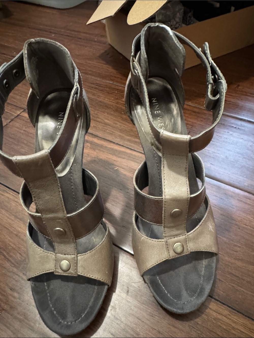 Nine West Two-Tone Tan and Brown T-Strap Wedge Sandals